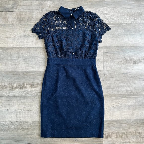 Karl Lagerfeld Navy Collared Lace Sheath Short Sleeve Dress (size 2) - Picture 4 of 13
